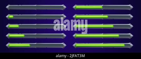 Caricamento dell'interfaccia utente del gioco barre di avanzamento set vettoriale, elementi di progettazione dell'interfaccia grafica cartoon. Stato e risorse scale di potenza con liquido tossico verde in silve Illustrazione Vettoriale