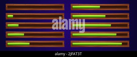 Caricamento dell'interfaccia utente del gioco barre di avanzamento set vettoriale, elementi di progettazione dell'interfaccia grafica cartoon. Stato e risorse scale di potenza con liquido tossico verde in legno Illustrazione Vettoriale