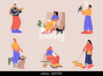 Persone con animali domestici, uomini e donne personaggi trascorrere il tempo con i loro animali domestici isolato set. Uomini e donne che giocano con cani, gatti, serpente, coniglio e. Illustrazione Vettoriale