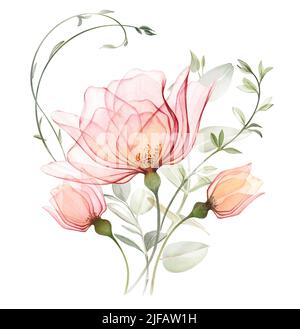 Bouquet acquerello con rose e rami di eucalipto. Grandi fiori di pesca trasparenti con piante curve. Composizione pastello brillante in classico moderno Foto Stock