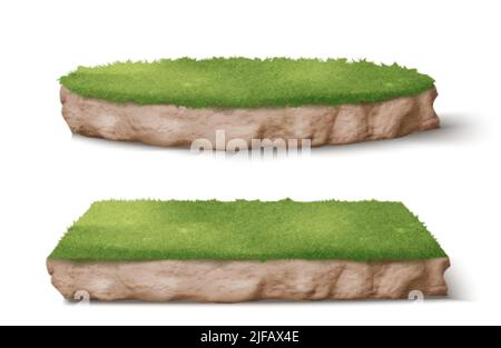 Terra pezzi con erba verde realistico illustrazione vettoriale. Parco o giardino terrazzato rotondo e quadrato con terreno e piante, vista prospettica isola Illustrazione Vettoriale