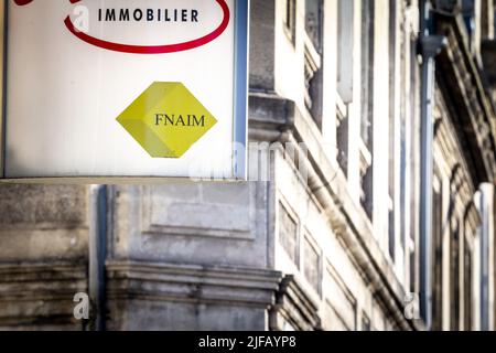 Immagine di un cartello con il logo di FNAIM preso di fronte alla loro agenzia locale nel centro di Bordeaux, Francia. Federation Nationale de l'immobilier, o T Foto Stock