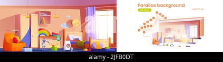 Parallax sfondo camera per bambini per 2D animazione di gioco. Camera per bambini al coperto con letto con cuscini, armadietto, giocattoli e sedia a sacco di fagioli, mobili in legno. Illustrazione Vettoriale