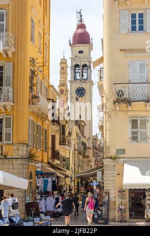 Campanile della Chiesa di Agios Spyridonas, Ayiou Spiridonas, Corfù, Corfù (Kerkyra), Isole IONIE, Grecia Foto Stock