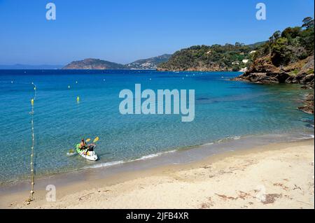 Francia, Var, le Rayol Canadel sur Mer, Domaine du Rayol, Jardin des Mediterranees, Conservatoire du Littoral Estate menzione obbligatoria, la spiaggia punto di partenza del percorso marino Foto Stock