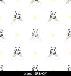 Panda Seamless Pattern background, felice panda carino volare nel cielo tra le nuvole e la stella, Cartoon Panda porta Vector illustrazione per i bambini foresta Illustrazione Vettoriale