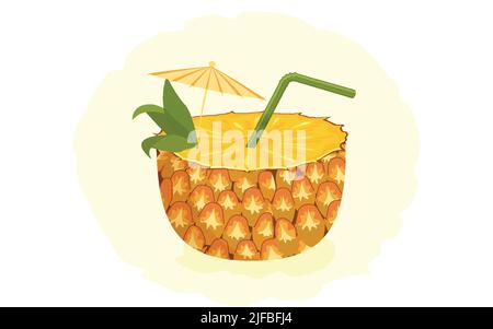 Cocktail all'ananas decorato, cannuccia verde e ombrello giallo Illustrazione Vettoriale