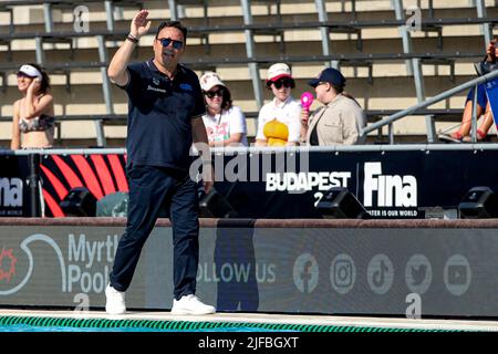 BUDAPEST, UNGHERIA - LUGLIO 1: Allenatore capo Thodoros Vlachos di Grecia durante i campionati mondiali FINA Budapest 2022 incontro semifinale tra Italia e Grecia il 1 Luglio 2022 a Budapest, Ungheria (Foto di Albert ten Hove/Orange Pictures) Foto Stock