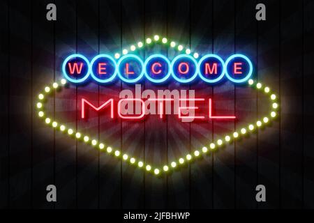 Cartello di benvenuto al neon del Motel su un'illustrazione della parete di legno scuro 3D. Foto Stock