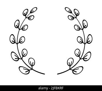 Allori vettore bordo rotondo in linea semplice. Foglie di alloro a cerchio lineare. Corona di grano e olivo per la vittoria, trionfo Illustrazione Vettoriale