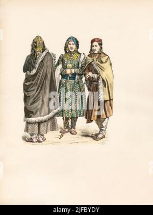 Donne tibetane e ragazza, Tibet, fine 19th secolo, illustrazione, la storia del costume, Braun & Schneider, Monaco di Baviera, Germania, 1861-1880 Foto Stock