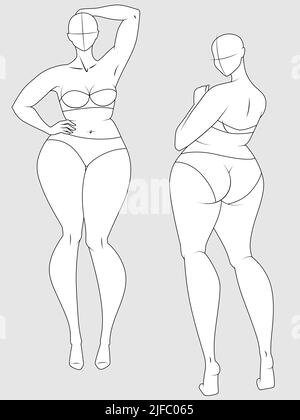 Modelli di figure moda Plus Size 10 Heads. Croquis esagerato per il disegno di modo e l'illustrazione Illustrazione Vettoriale