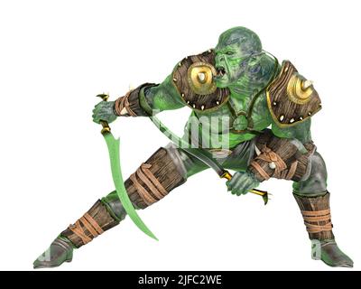 guerriero orc accovacciato di spade, illustrazione 3d Foto Stock