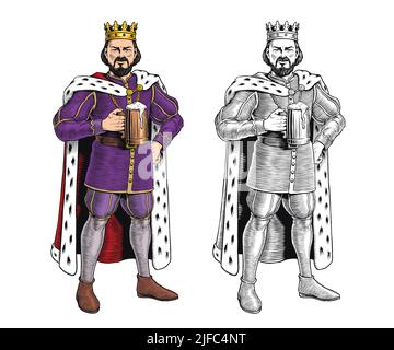 Re che tiene una tazza di birra su sfondo bianco. Versioni monocromatiche a colori e in bianco e nero. Illustrazione vettoriale. Illustrazione Vettoriale