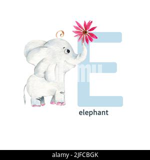 Lettera e, elefante, carino bambini colorati animali ABC alfabeto. Illustrazione dell'acquerello isolata su sfondo bianco. Foto Stock