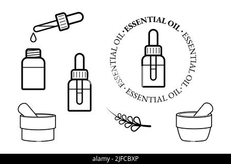 Set di icone dell'olio essenziale. Aromaterapia e olio cosmetico simbolo. Illustrazione vettoriale dello stile di linea Illustrazione Vettoriale