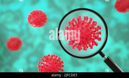 Un rendering 3D di un virus e lente di ingrandimento su sfondo verde Foto Stock