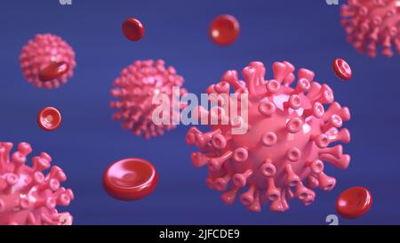 Un rendering 3D di un virus e delle cellule del sangue su sfondo blu Foto Stock
