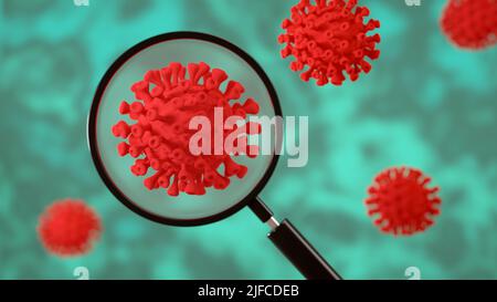 Un rendering 3D di un virus e una lente di ingrandimento su sfondo verde Foto Stock