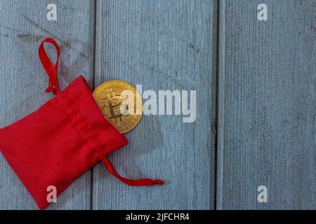 moneta d'oro bitcoin in una custodia in velluto rosso. Tecnologia di pagamento online, portafoglio digitale, commercio di criptovaluta e concetto di investimento minerario. Foto Stock