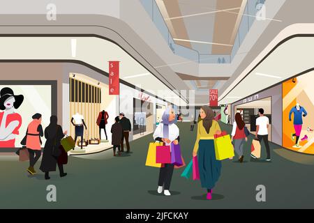 Un'illustrazione vettoriale di Musulmani People Shopping in a Mall Illustrazione Vettoriale