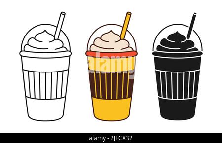 Set di icone della linea cartoon della tazza di caffè. Stile Doodle o timbro semplice contorno drink segno. Crea tazze piatte da andare. Tazza monouso in plastica o carta per stoviglie con simbolo della tazza in schiuma. Vettore Illustrazione Vettoriale