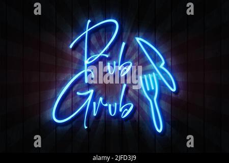 Pub grub Blue Neon segno su una parete di legno scuro 3D illustrazione. Foto Stock