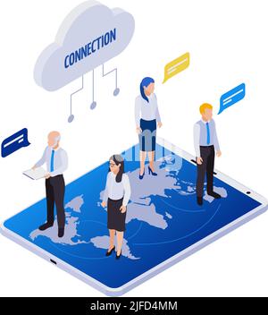 Gestione remota lavoro a distanza icone isometriche composizione con icone cloud persone con bolle di pensiero e mappa del mondo illustrazione vettoriale Illustrazione Vettoriale