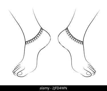 Bella donna piedi linea disegno con Anklet isolato su sfondo bianco - illustrazione vettoriale Illustrazione Vettoriale