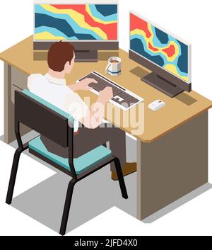 Meteorologia previsione meteorologica composizione isometrica in vista dell'analisi dei dati meteorologici su computer illustrazione vettoriale Illustrazione Vettoriale