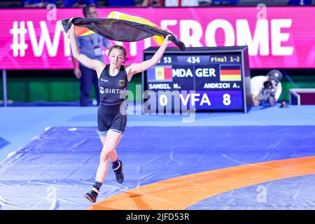 Roma, Italia. 01st luglio 2022. Amory Olivia Andrich (GER) WW 53kg esultazione durante i Campionati europei 2022 U20, Wrestling a Roma, Italia, luglio 01 2022 credito: Agenzia fotografica indipendente/Alamy Live News Foto Stock