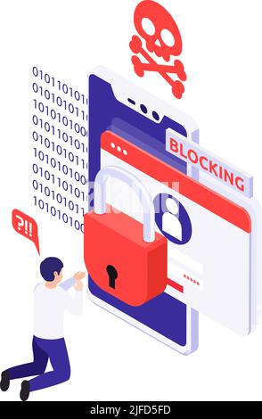 Icona di protezione dei dati con uomo confuso e notifica sul blocco dell'illustrazione isometrica del vettore account Illustrazione Vettoriale