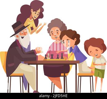 Bambini felici e nonni che giocano a scacchi cartoon illustrazione vettoriale Illustrazione Vettoriale