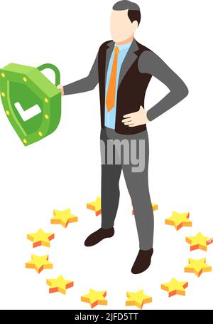 Icona di protezione dei dati personali con uomo sicuro che tiene verde scudo isometrico vettore illustrazione Illustrazione Vettoriale