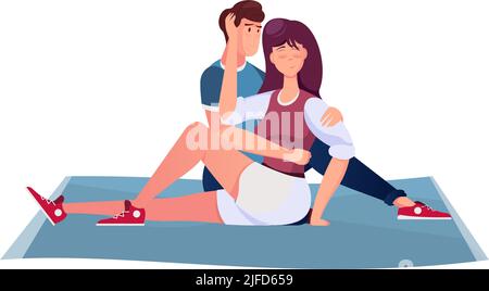Conoscenza composizione romantica con personaggi di abbracciante ragazzo e ragazza seduta su tappeto illustrazione vettoriale Illustrazione Vettoriale
