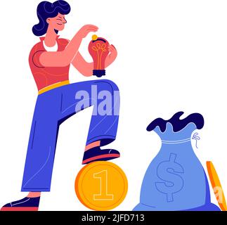 Crowdfunding composizione con il carattere doodle che mette soldi in lampadina scatola di risparmio illustrazione vettoriale Illustrazione Vettoriale