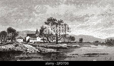 Thomery, comune nel dipartimento della Senna e Marna tra la foresta di Fontainebleau e il fiume Senna. Seine-et-Marne, Francia. Europa. Il castello e la Foresta di Fontainebleau da Du Pays da le Tour du Monde 1867 Foto Stock