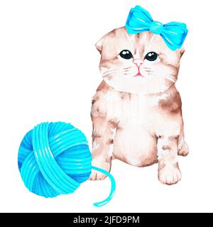 Un gattino sta giocando con una palla di filo. Illustrazione dell'acquerello. Isolato su sfondo bianco. Per i vostri prodotti del bambino di disegno, clinica veterinaria Foto Stock