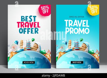 Set di poster vettoriali in promozione da viaggio. Testo dell'offerta promozionale di viaggio con sconto sull'offerta speciale con elementi di destinazione per le vacanze turistiche Illustrazione Vettoriale
