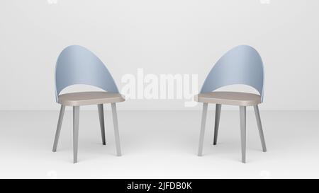 Una scena astratta con sedie in piedi l'una accanto all'altra. Una piattaforma per i negoziati. Due sedie con sedili in pelle marrone e dorso blu su una luce Foto Stock