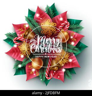 Natale wreath vettore concetto disegno. Buon testo di saluto di natale in elemento di corona con fiocchi di neve, palla e decorazione di canna caramella per Natale. Illustrazione Vettoriale