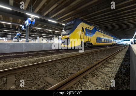 Treno giallo e blu olandese alla stazione centrale nella città di l'Aia, Paesi Bassi. Foto grandangolare Foto Stock