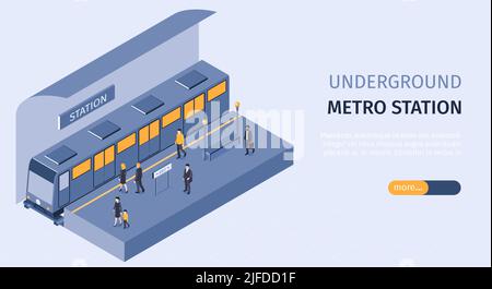 Stazione metropolitana metropolitana metropolitana banner web orizzontale isometrico con passeggeri sulla piattaforma imbarco treno illustrazione vettoriale carrozza Illustrazione Vettoriale