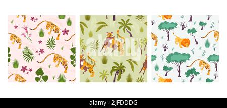 Set di tre modelli quadrati con immagini piatte di tigri leoni e leopardi tra alberi esotici illustrazione vettoriale Illustrazione Vettoriale
