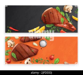 Carne arrosto verdure barbecue griglia set di due striscioni orizzontali con immagini realistiche di carne bistecche illustrazione vettoriale Illustrazione Vettoriale