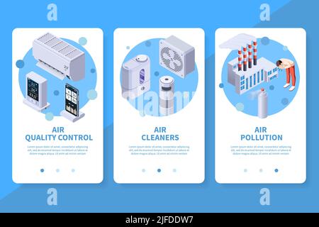 App per il controllo della qualità della purificazione dell'aria set di tre striscioni verticali con gadget e dispositivi di pulizia per illustrazioni vettoriali Illustrazione Vettoriale