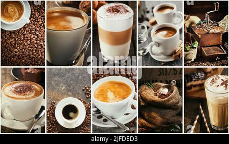 Collage di bevande assortite di caffè aromatiche fresche servite in tazze e bicchieri diversi con sacco di fagioli e macinacaffè Foto Stock