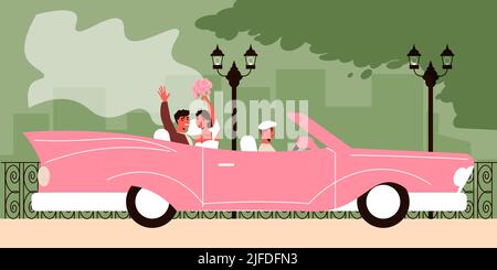 Composizione di automobile di nozze con paesaggio esterno con la coppia appena sposata seduta nell'illustrazione del vettore di automobile del cabrio rosa Illustrazione Vettoriale