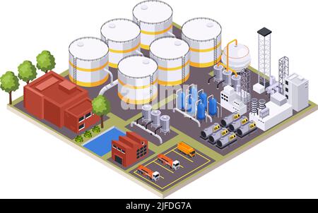 Composizione isometrica dell'industria petrolifera in vista del sito della fabbrica di lavorazione dell'olio con illustrazione vettoriale di edifici e impianti Illustrazione Vettoriale