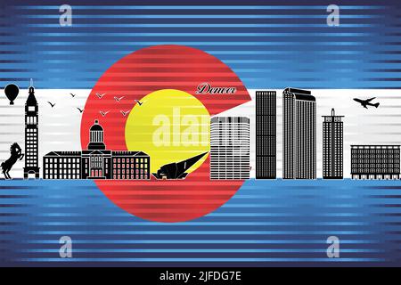 Skyline della città di Denver con bandiera del Colorado sullo sfondo - illustrazione, bandiera lucida Grunge del Colorado Illustrazione Vettoriale